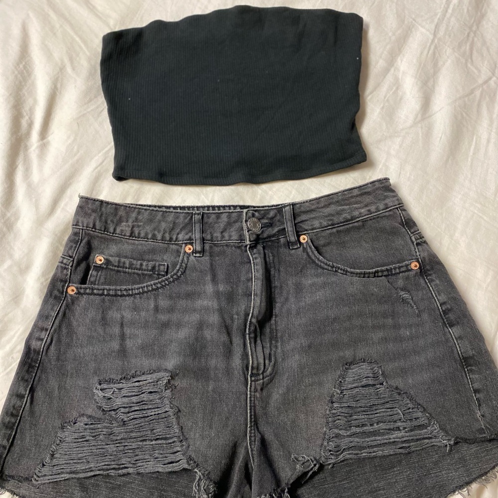 Black Tube Top and Distressed Denim Shorts from Garage Denim!